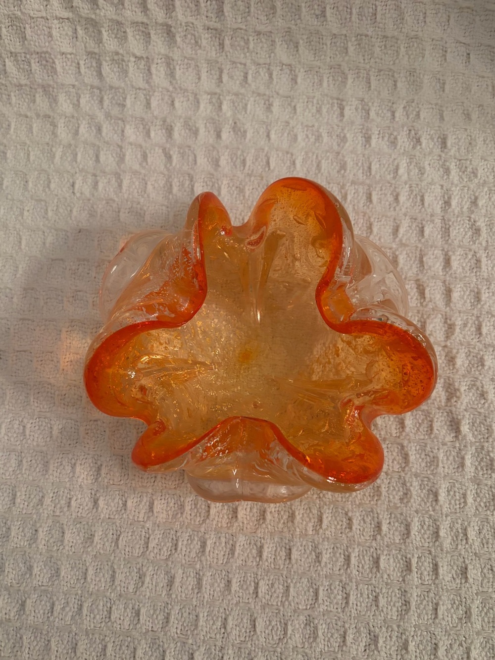 Vintage Murano Art Glass Orange Floriform Ashtray/Trinket Dish With Silver Fleck